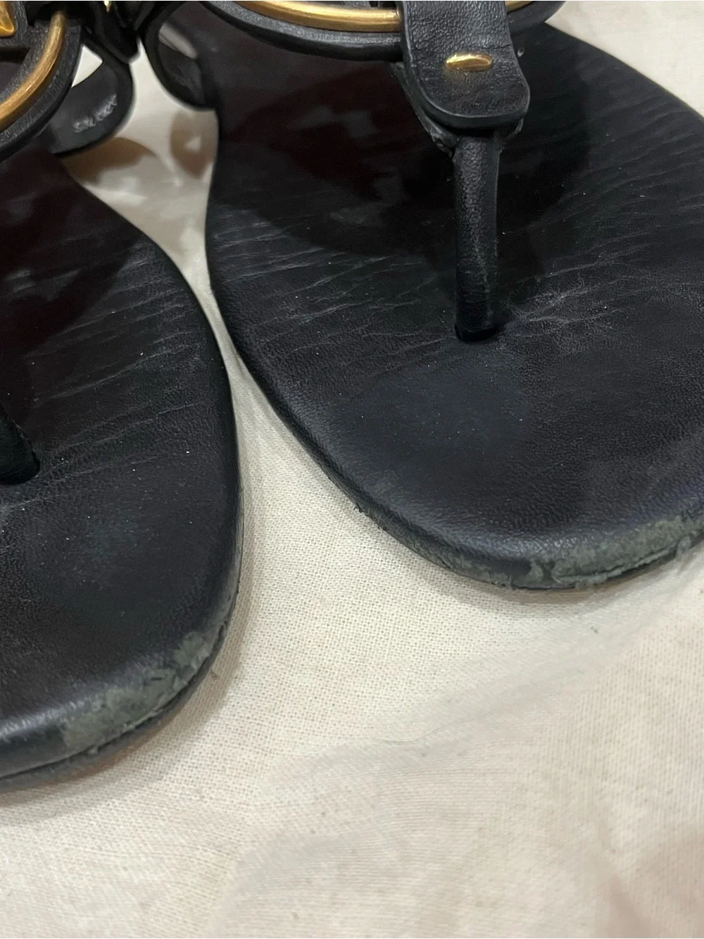 Tory Burch Black Leather Miller Sandals with Gold Logo Medallions